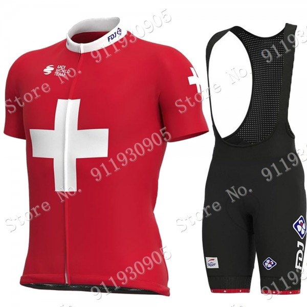 FDJ Pro Team Swiss 2021 Fietskleding Fietsshirt Korte Mouw+Korte Fietsbroeken Bib 2021072848