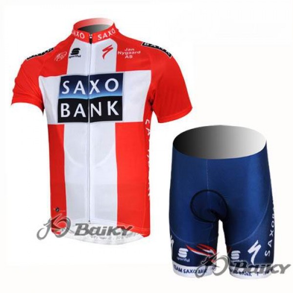 2012 Saxo Bank Deens kampioenFietsshirt Korte mouw+Korte fietsbroeken met zeem Kits rood wit 4030