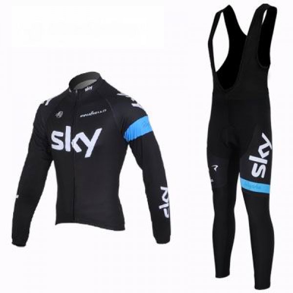 2013 Team Sky Fietskleding Fietsshirt Lange Mouwen+lange fietsbroeken Bib zeem zwart blauw 763