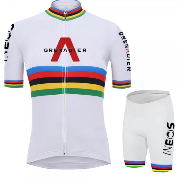 White Ineos Champion Pro Team 2021 Fietskleding Fietsshirt Korte Mouw+Korte Fietsbroeken Bib 20210617