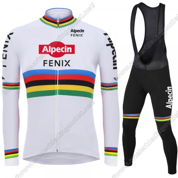 2021 Alpecin Fenix World Champion wit Fietskleding Fietsshirt Lange Mouw+Lange Fietsbroek Bib 84