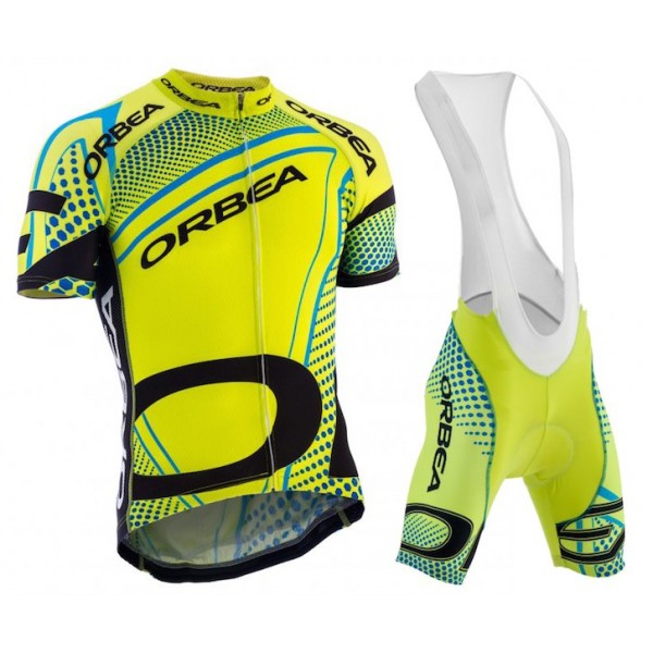 2015 Orbea fluo geel blauw Fietskleding Set Fietsshirt Korte Mouwen+Fietsbroek Bib Korte 2201