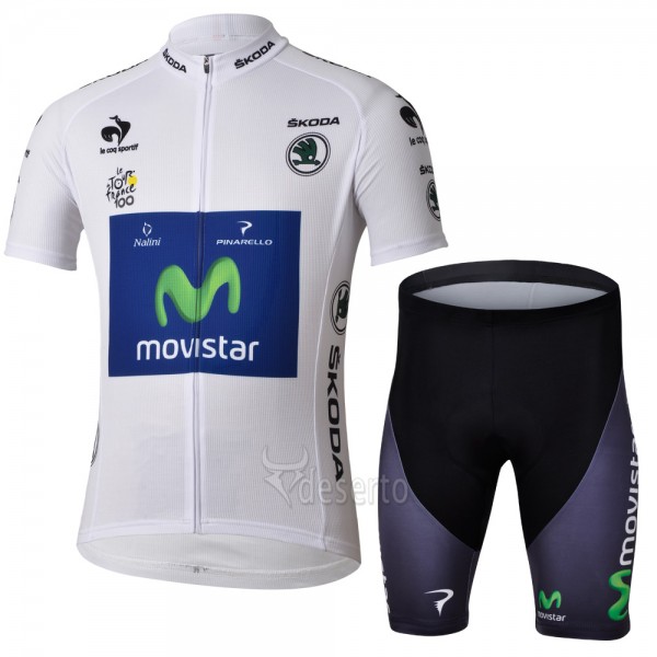 Movistar Tour de France Witte trui Fietskleding Fietsshirt Korte Mouwen+Fietsbroek Korte zeem 1365