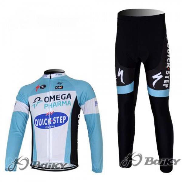 Omega Pharma Quick Step Pro Team Fietspakken Fietsshirt lange mouw+lange fietsbroeken blauw wit 4389