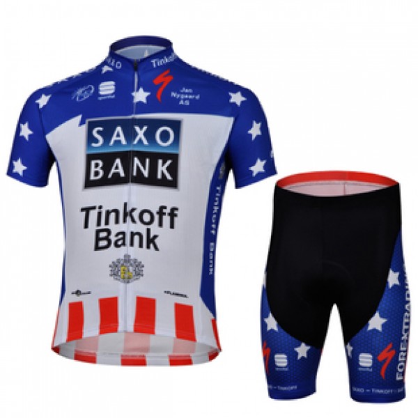 2013 Saxo Bank Tinkoff USA kampioen Fietsshirt Korte mouw+Korte fietsbroeken met zeem Kits blauw wit rood 4020