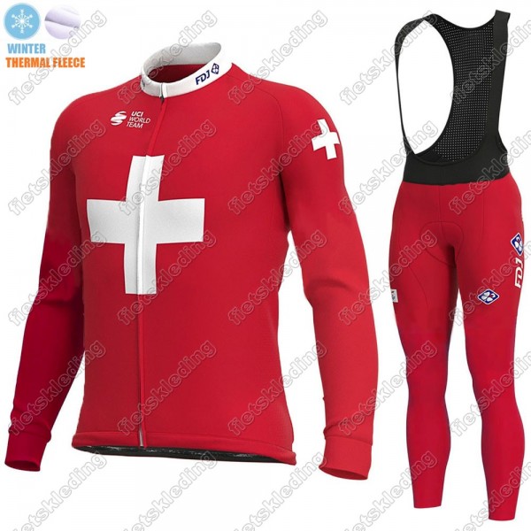 Swiss FDJ Winter Thermal Fleece 2021 Wielerkleding Set Fietsshirts Lange Mouw+Lange Fietsrbroek Bib 2021393