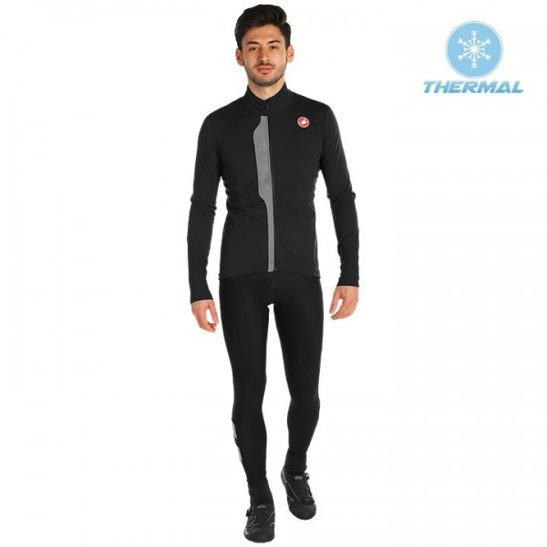 2019 Casteli TRAS zwart Thermo Wielerkleding Set Wielershirts lange mouw+fietsbroek lang met RTJG238