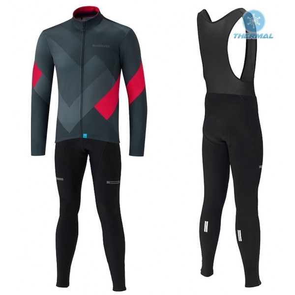 2019 Shimano grijs-rood Thermo Wielerkleding Set Wielershirts lange mouw+fietsbroek lang met CWBL841