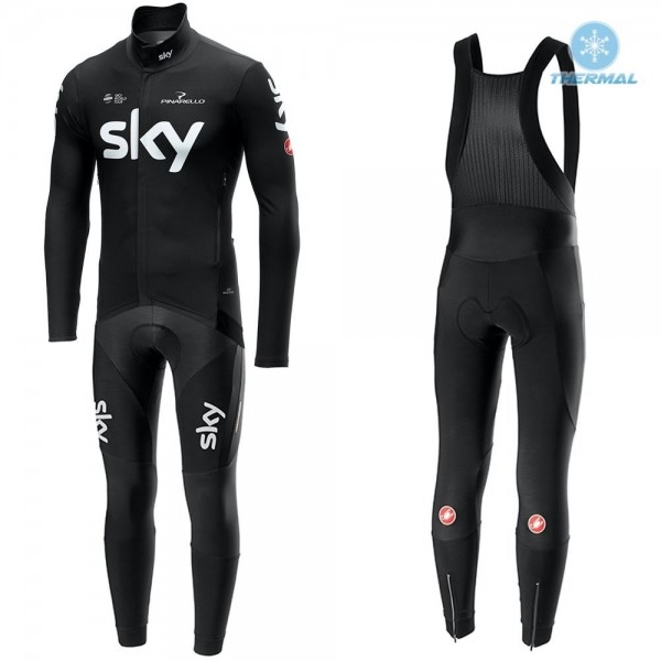 2019 SKY Profteams zwart Thermo Wielerkleding Set Wielershirts lange mouw+fietsbroek lang met LXTP822