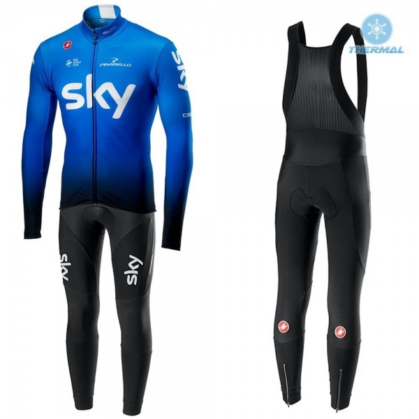 2019 SKY Profteams blauw Thermo Wielerkleding Set Wielershirts lange mouw+fietsbroek lang met QFBO938