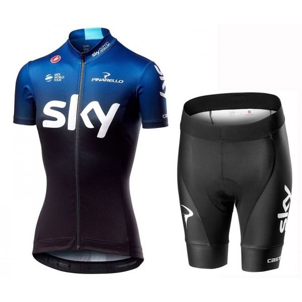 2019 Profteams SKY Dunkel blauw Dames Fietskleding Set Fietsshirt Korte Mouw+Korte fietsbroeken QKBY480