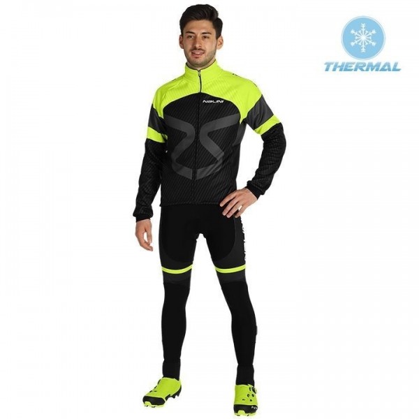 2019 Tuono zwart-geel Thermo Wielerkleding Set Wielershirts lange mouw+fietsbroek lang met NIHJ199