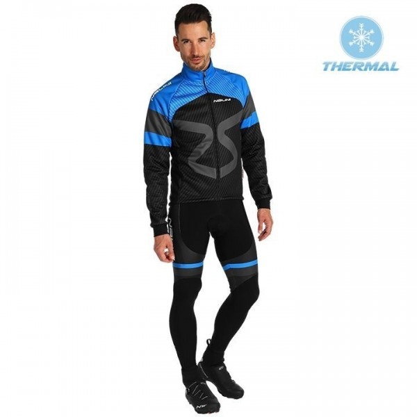 2019 Tuono zwart-blauw Thermo Wielerkleding Set Wielershirts lange mouw+fietsbroek lang met NSZI179