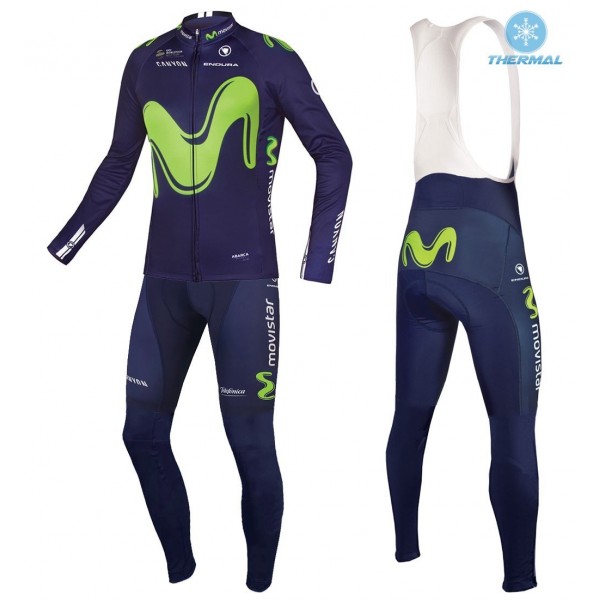 2017 Pro Team Movistar Winter Set Wielerkleding Wielershirt lange mouw+Lange fietsbroeken Bib 2504