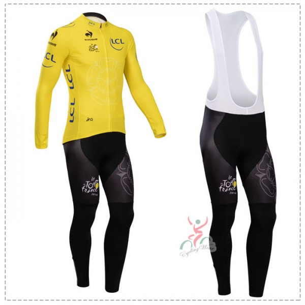 Tour de France le coq sportif 2014 Fietskleding Fietsshirt Lange Mouwen Geel+Lange Fietsbroeken Bib 1385