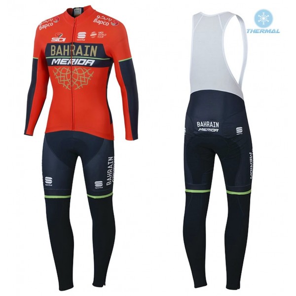 2018 Profteam Merida Bahrain rood winterset Wielerkleding Set Wielershirts lange mouw+fietsbroek lang met zeem FiwZn